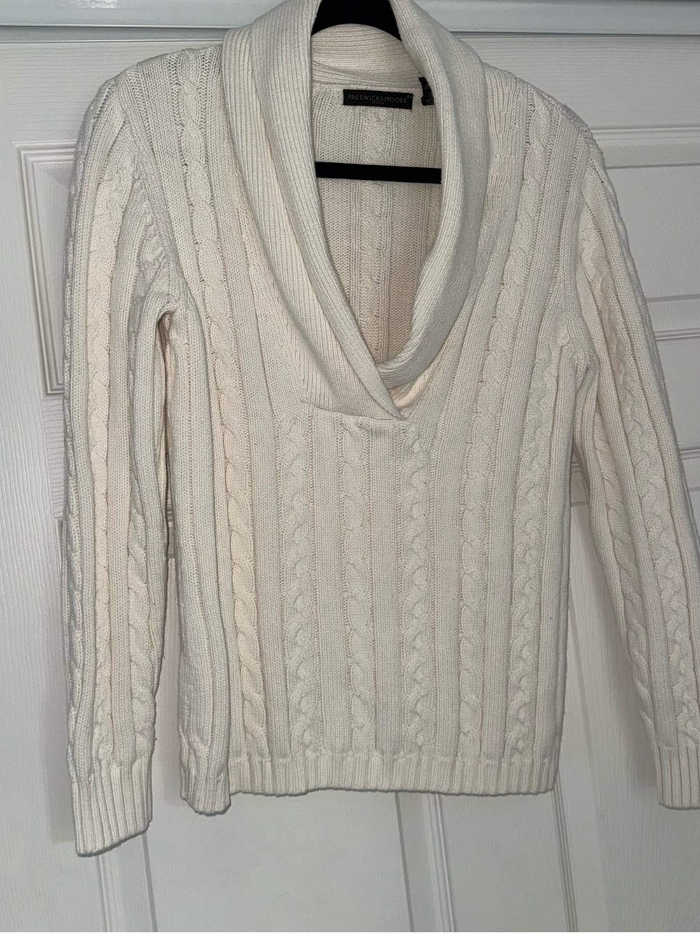Preswick & Moore Cream Cable-Knit Shawl Collar Sweater
